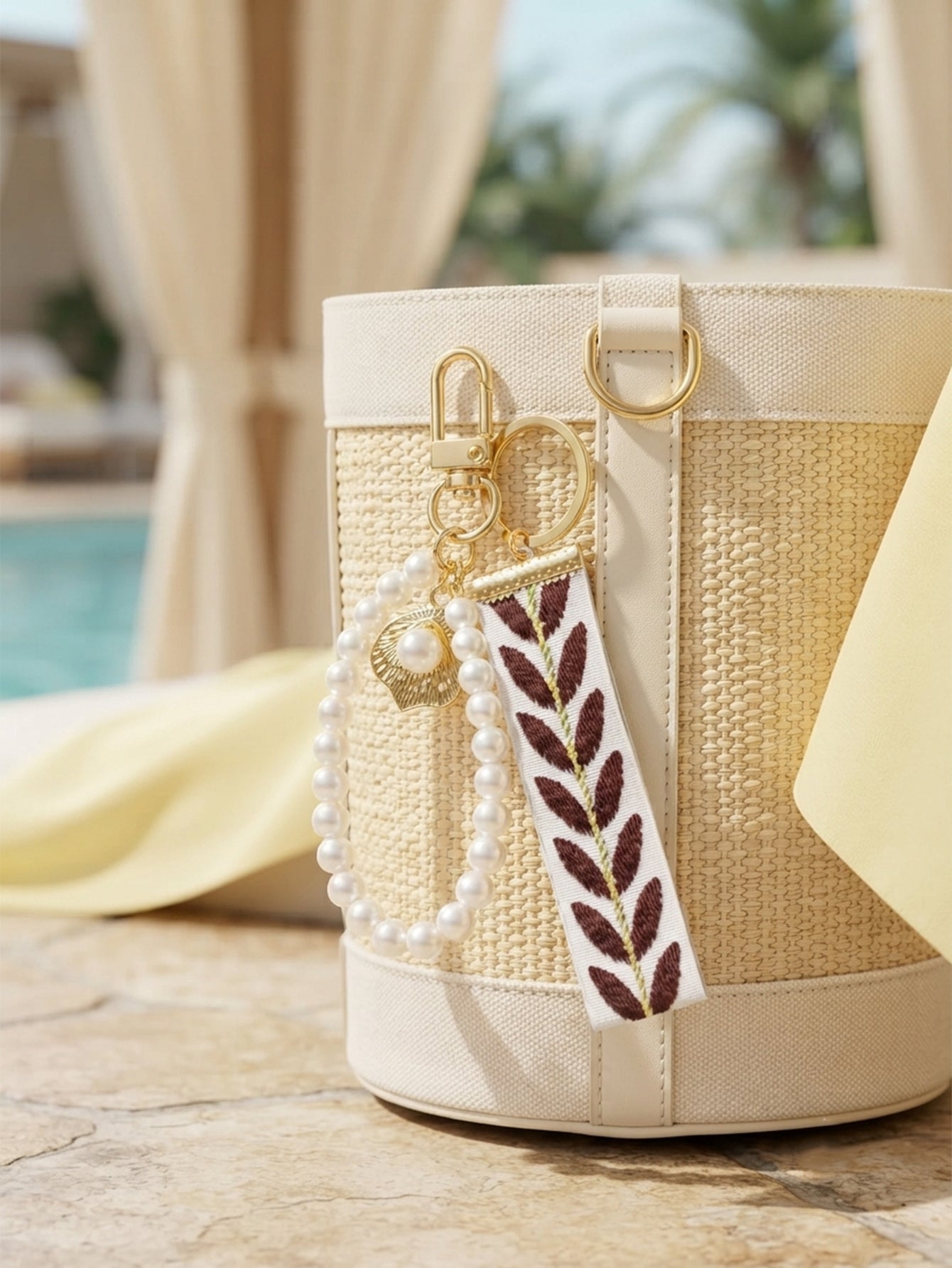 Ribbon keychain with woven detail and faux pearls | KCA055-03 | image 3
