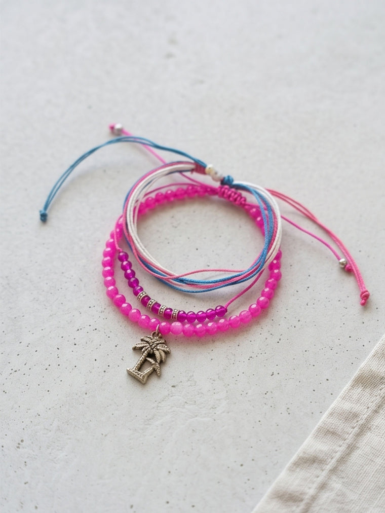 Fuchsia braided three-piece bracelet set with adjustable pull cords | BRA562-01 | image 3