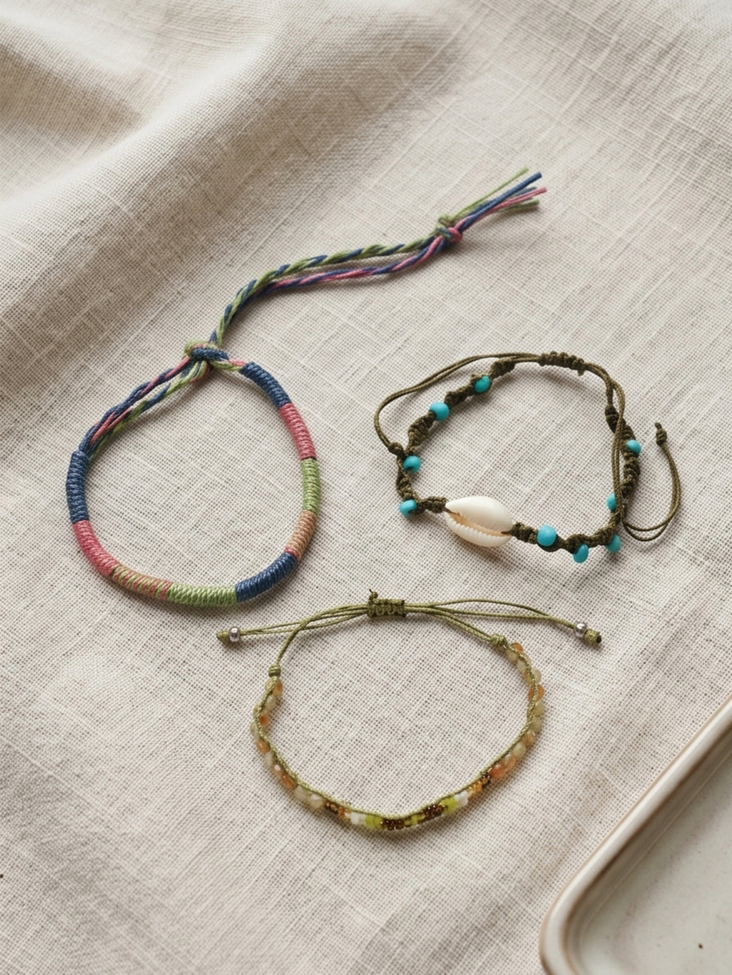 Green braided three-piece bracelet set with adjustable pull cords | BRA578-01 | image 3