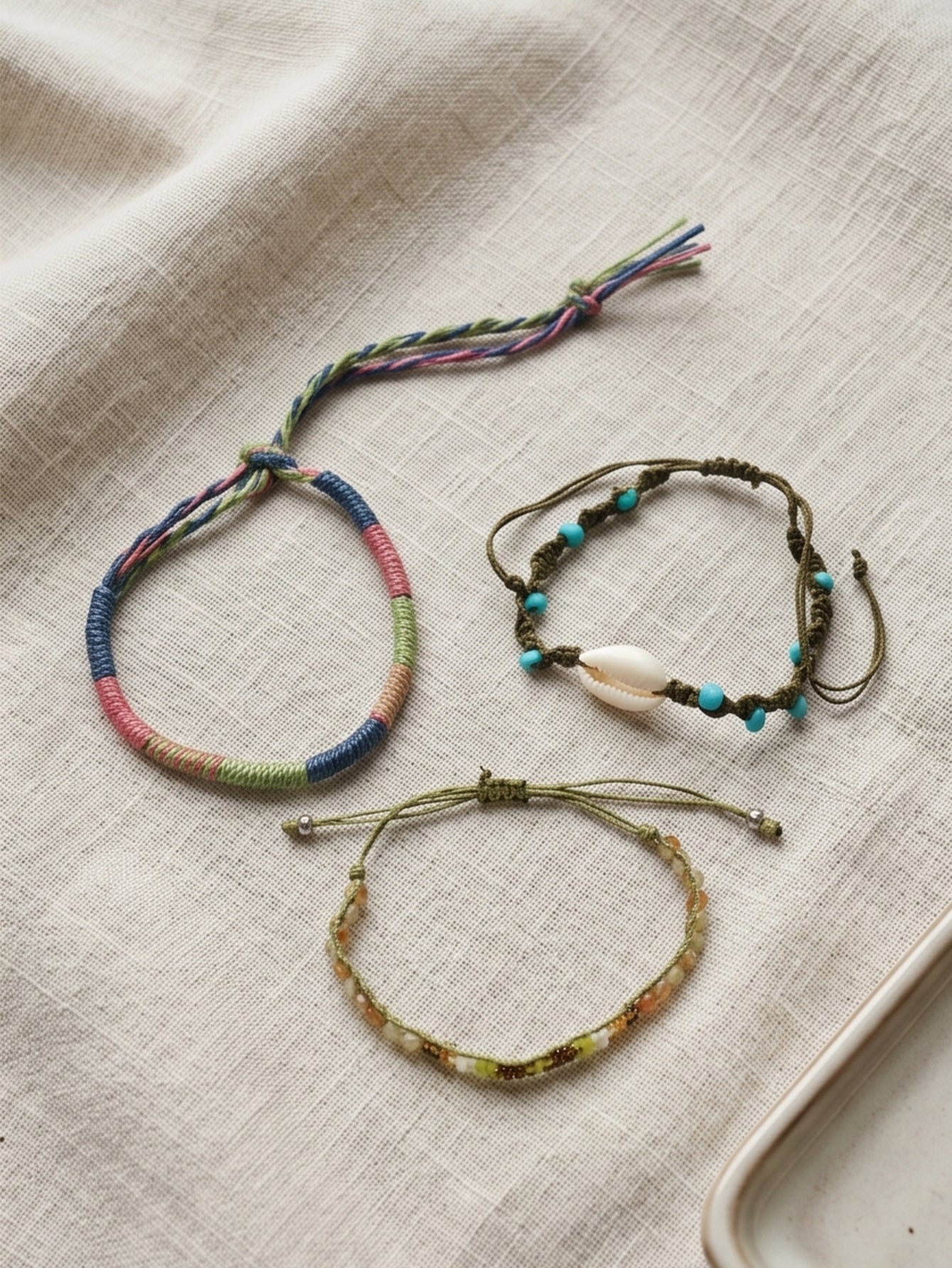 Green braided three-piece bracelet set with adjustable pull cords | BRA578-01 | image 3