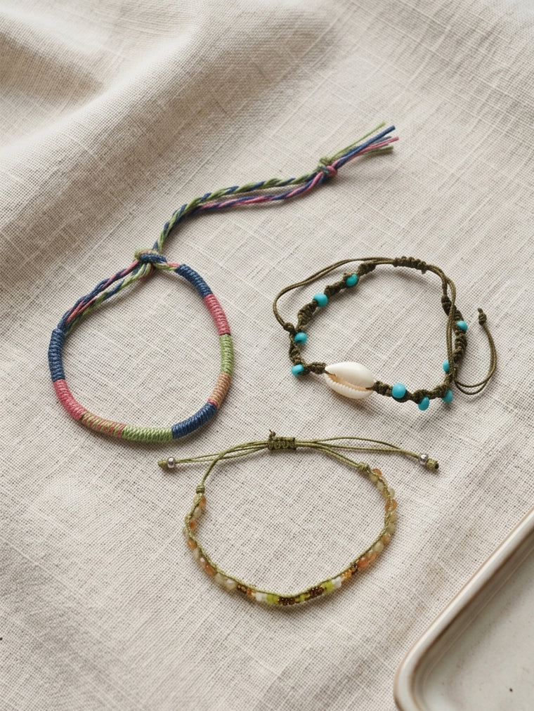 Green braided three-piece bracelet set with adjustable pull cords | BRA578-01 | image 3