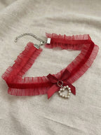 Red Lace Bow Pearl Necklace with polyester fabric | NA866-02 | image 3