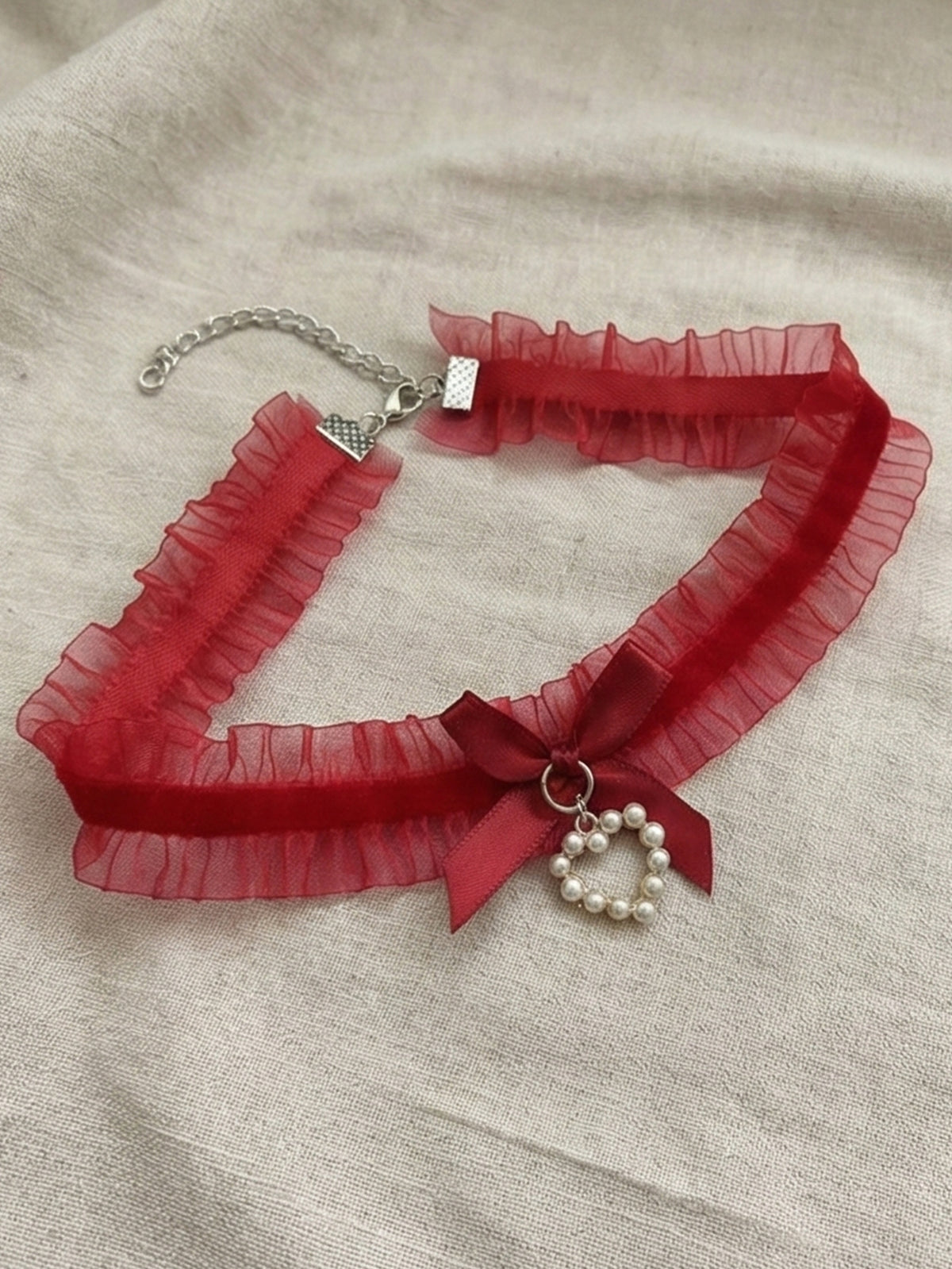 Red Lace Bow Pearl Necklace with polyester fabric | NA866-02 | image 3
