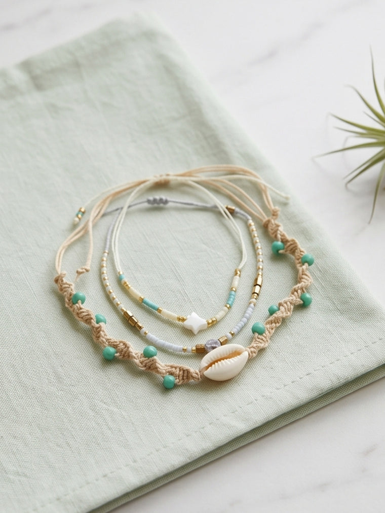 Beige braided three-piece bracelet set with adjustable pull cords | BRA587-01 | image 3