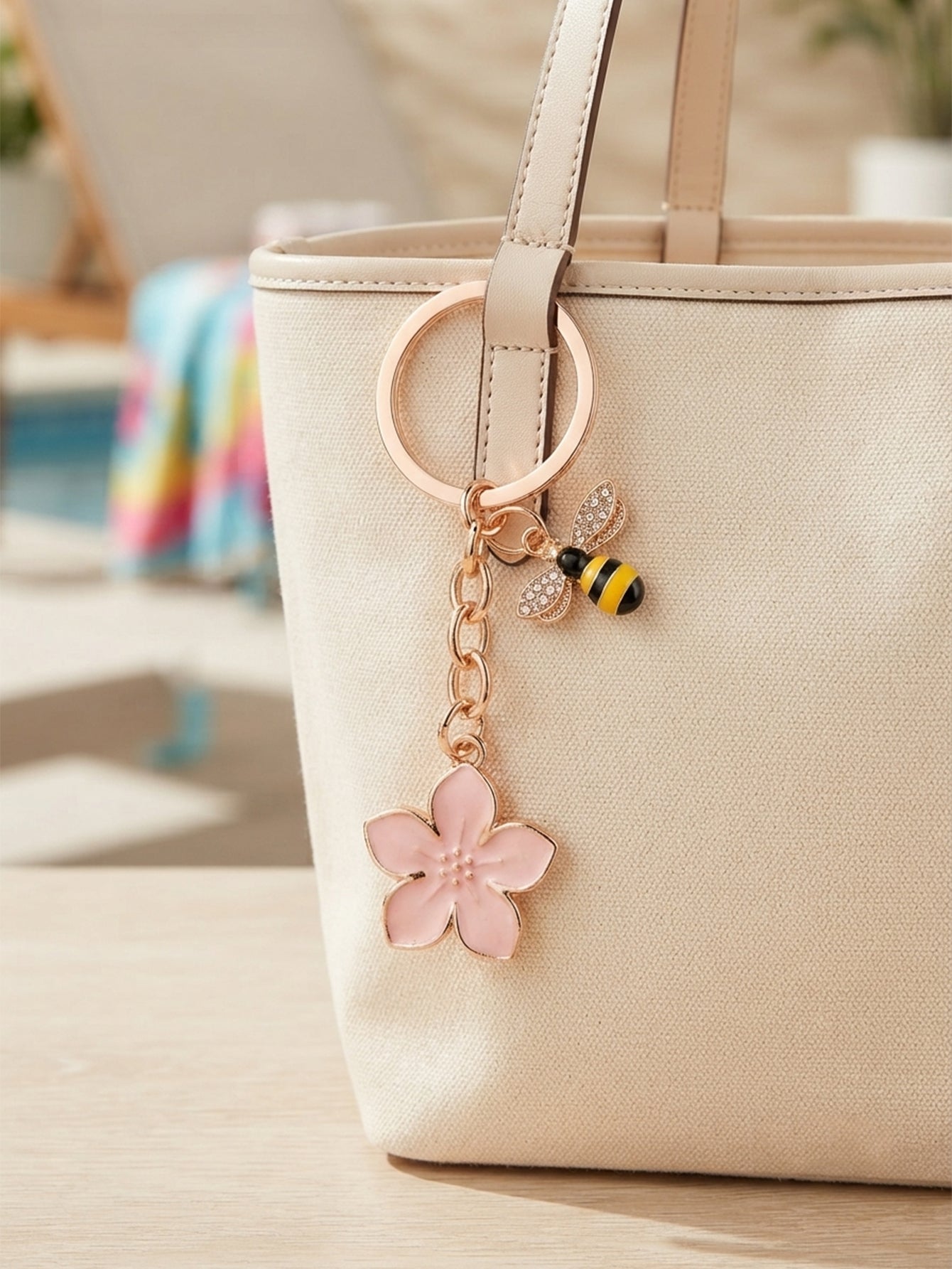 Pink cherry blossom keychain with bee accent | KCA070-08 | image 3