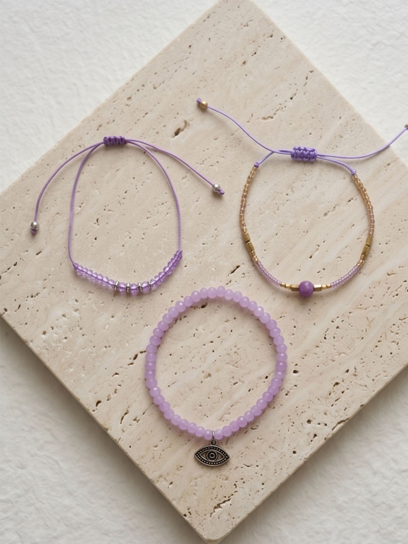 Purple braided three-piece bracelet set with adjustable pull cords | BRA560-01 | image 3