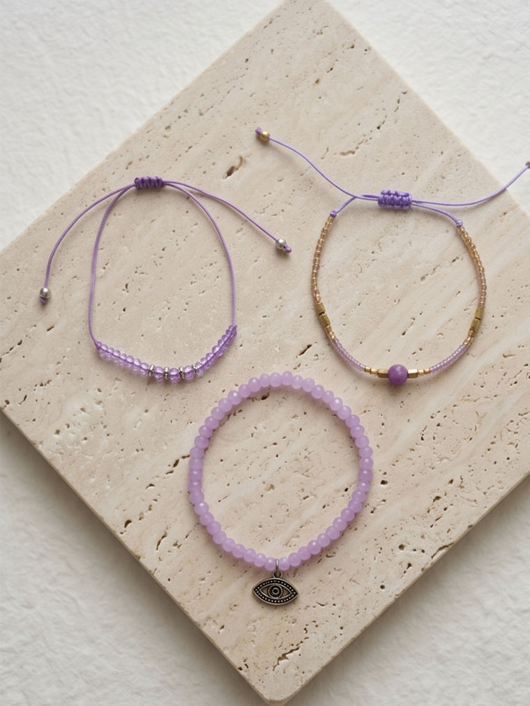 Purple braided three-piece bracelet set with adjustable pull cords | BRA560-01 | image 3