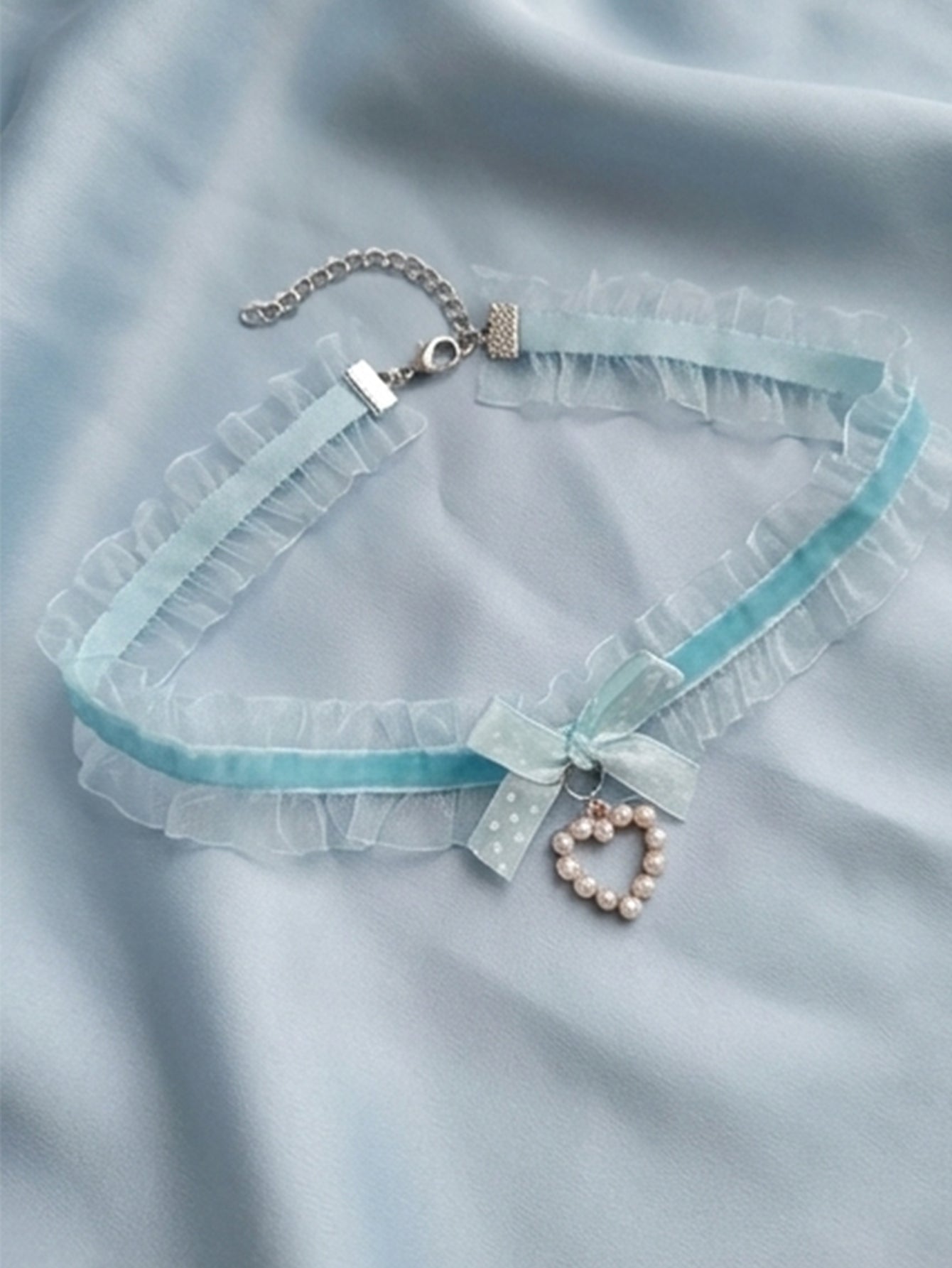 Blue Polka Dot Bow Pearl Necklace with polyester fabric | NA866-05 | image 3