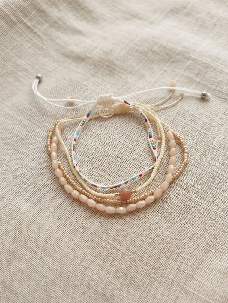 Beige braided three-piece bracelet set with adjustable pull cords | BRA558-01 | image 3