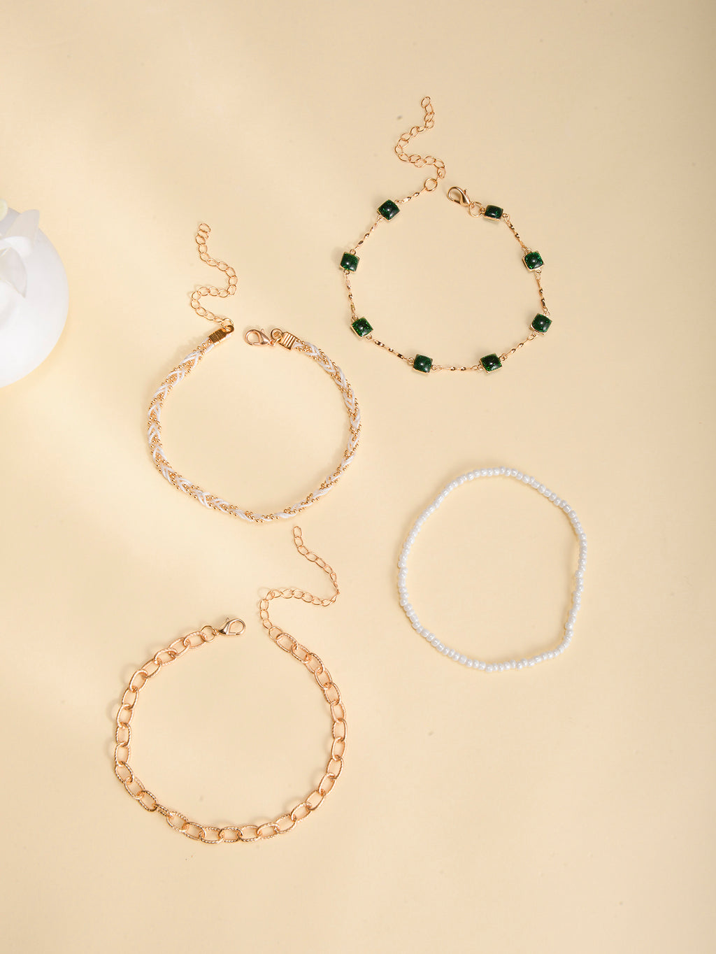 Green Stone Beaded Anklet Set with zinc alloy details | JL7342-01 | image 3