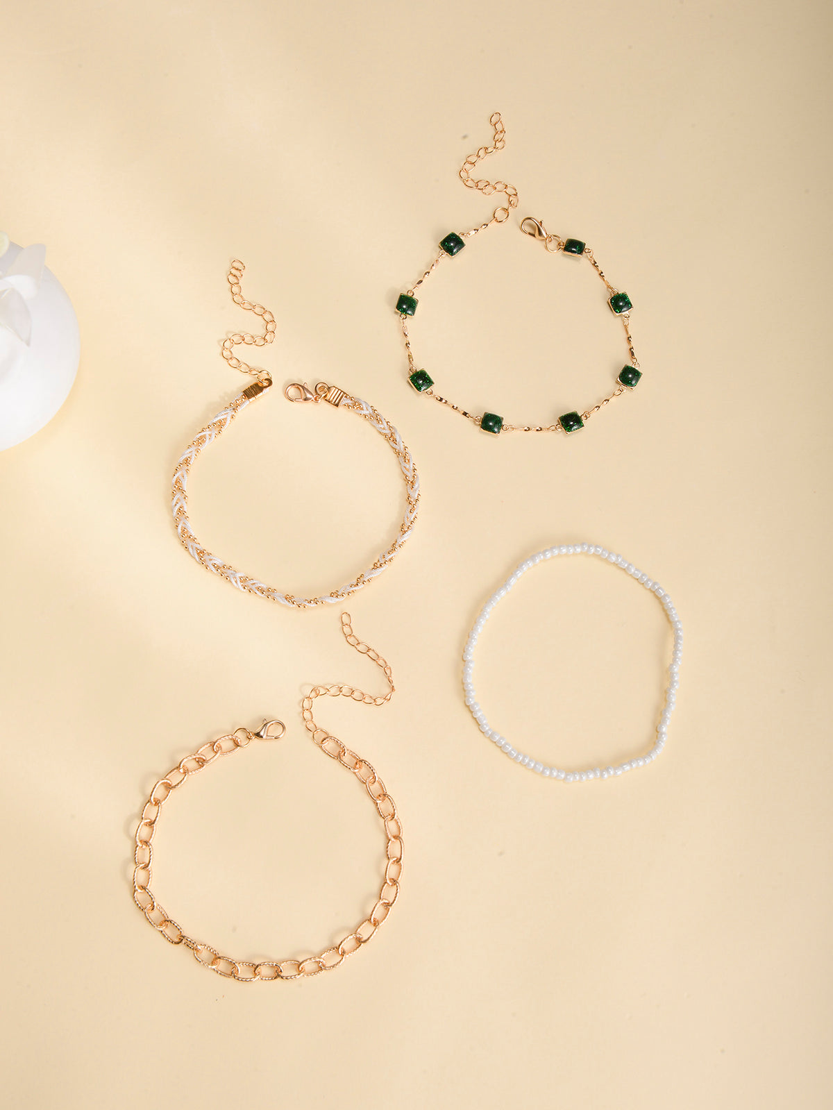 Green Stone Beaded Anklet Set with zinc alloy details | JL7342-01 | image 3