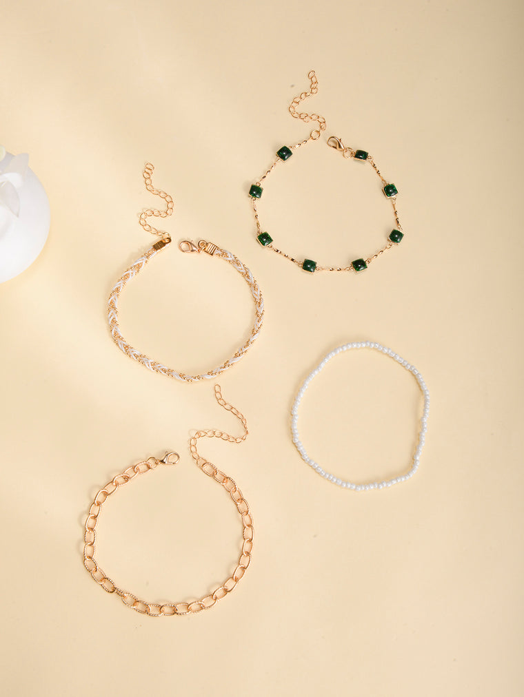 Green Stone Beaded Anklet Set with zinc alloy details | JL7342-01 | image 3