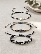 Black, White and Gold-Tone braided three-piece bracelet set with adjustable pull cords | BRA509-01 | image 3