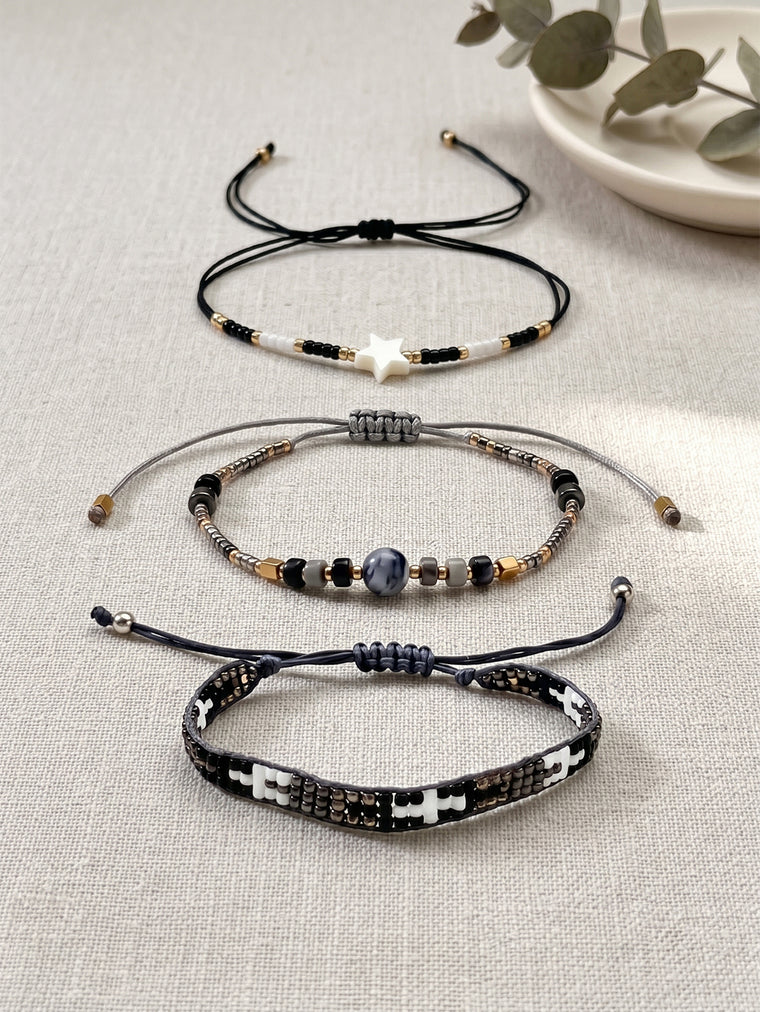 Black, White and Gold-Tone braided three-piece bracelet set with adjustable pull cords | BRA509-01 | image 3