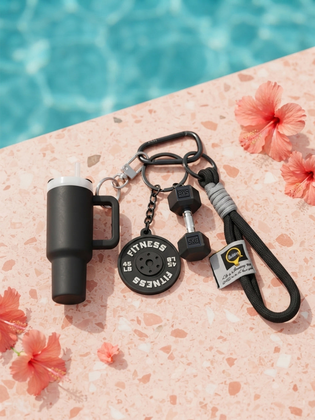 Pink bottle and dumbbell fitness keychain | KCA085-06 | image 3