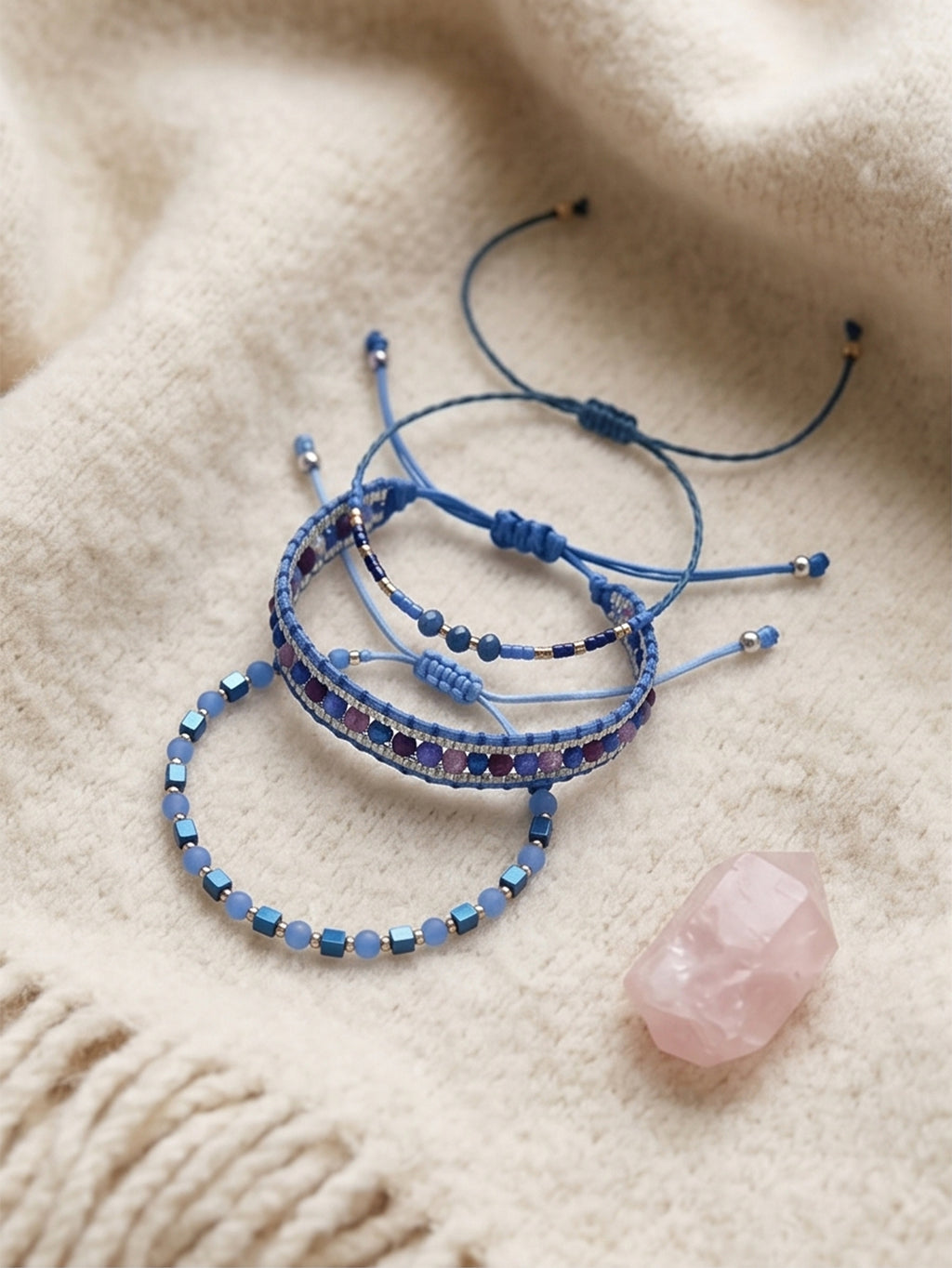 Blue braided three-piece bracelet set with adjustable pull cords | BRA512-01 | image 3