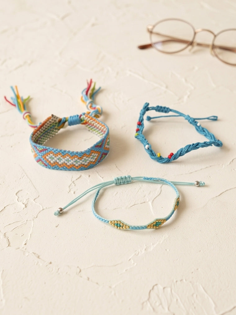 Blue braided three-piece bracelet set with adjustable pull cords | BRA585-01 | image 3