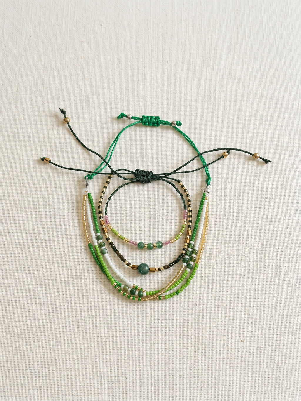 Green braided three-piece bracelet set with adjustable pull cords | BRA588-01 | image 3