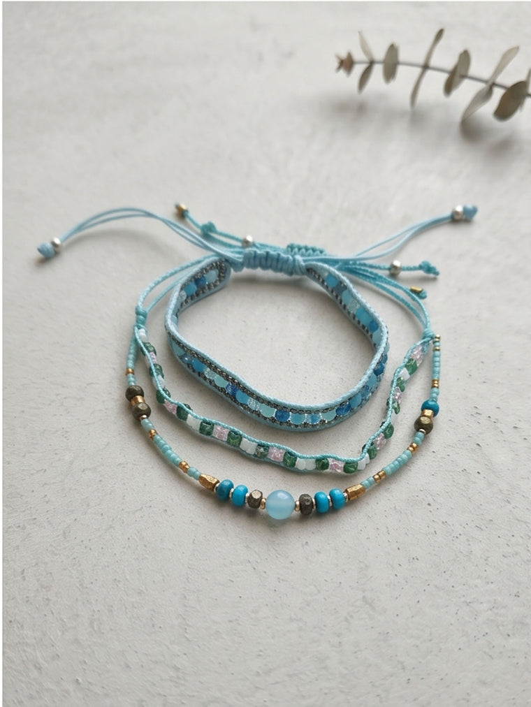 Blue braided three-piece bracelet set with adjustable pull cords | BRA567-01 | image 3