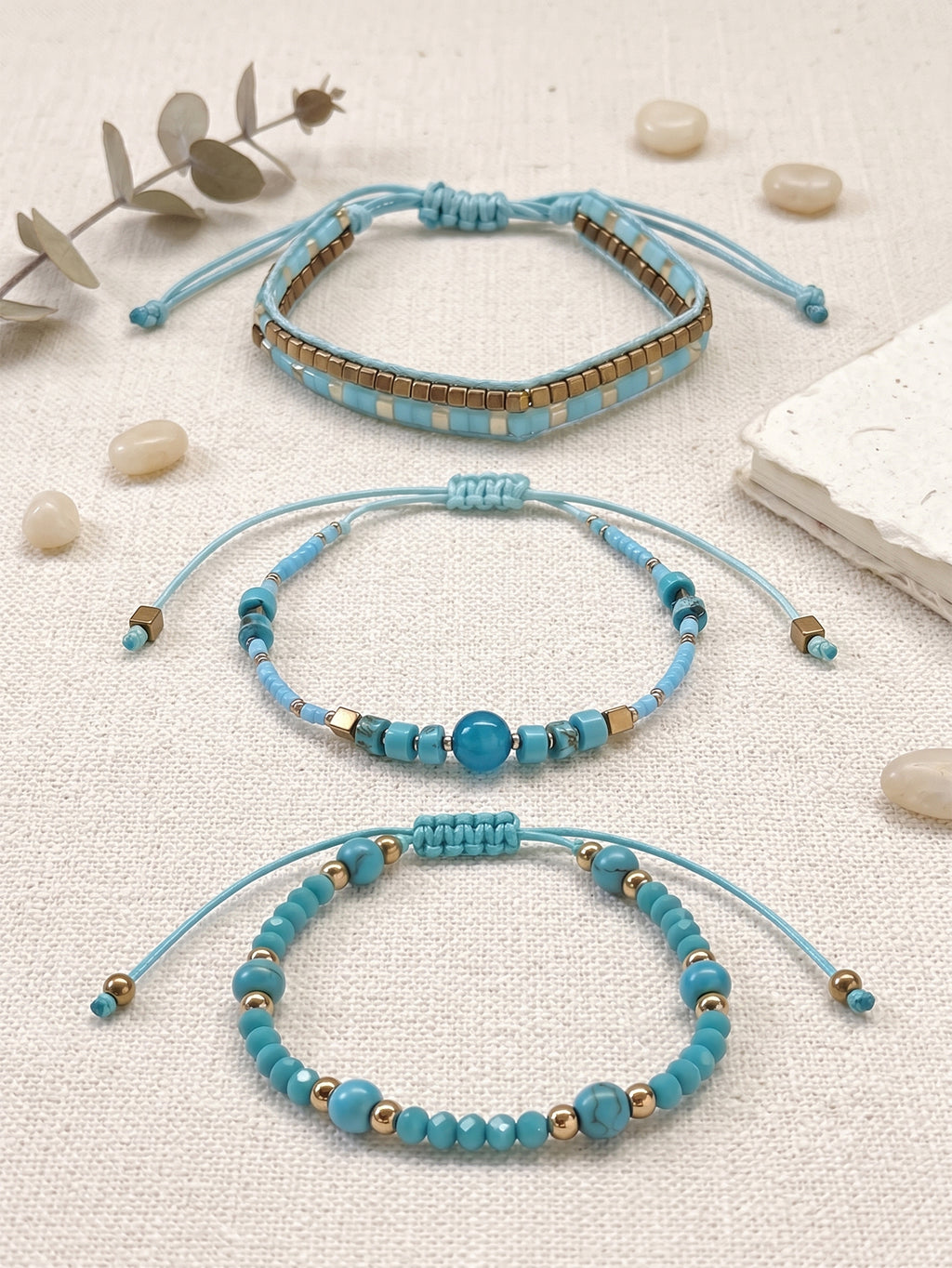 Teal braided three-piece bracelet set with adjustable pull cords | BRA513-01 | image 3