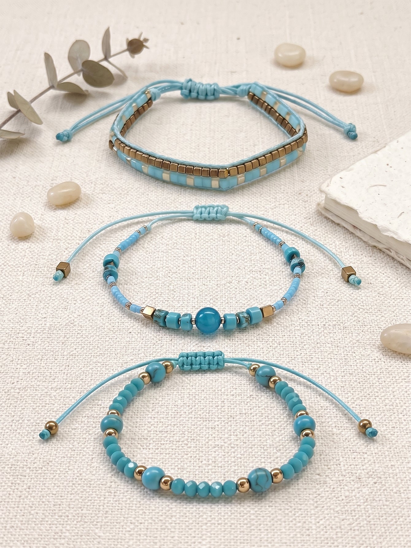 Teal braided three-piece bracelet set with adjustable pull cords | BRA513-01 | image 3