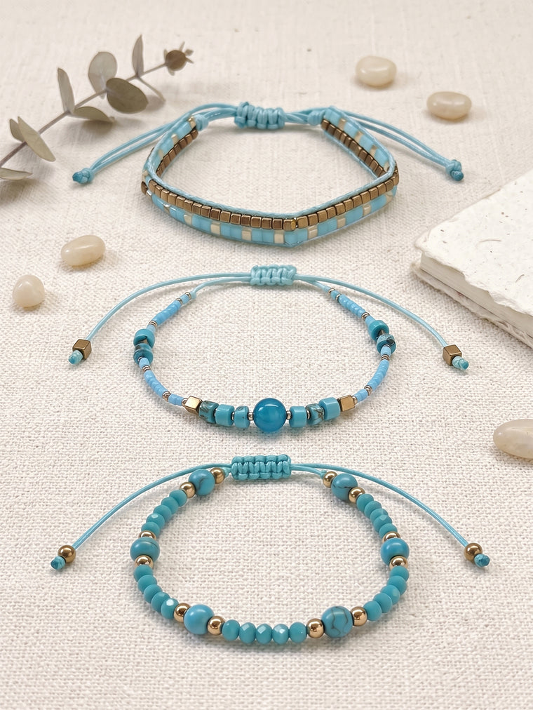 Teal braided three-piece bracelet set with adjustable pull cords | BRA513-01 | image 3