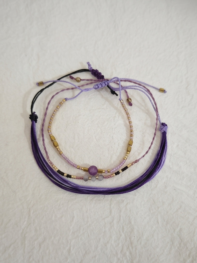 Purple braided three-piece bracelet set with adjustable pull cords | BRA590-01 | image 3