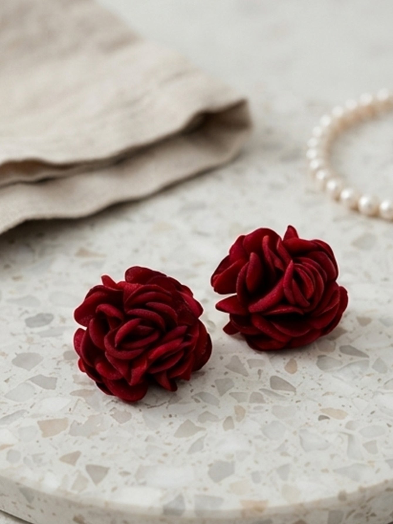 Burgundy flocked rose stud earrings with fabric petals | ERA649-01 | image 3