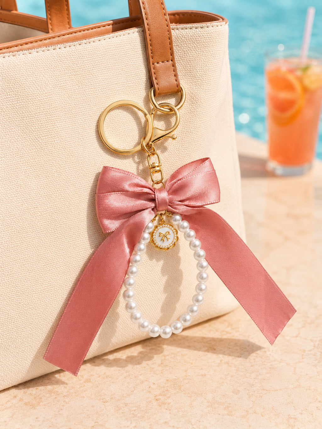 Pink bow keychain with faux pearl strand | KCA051-01 | image 4