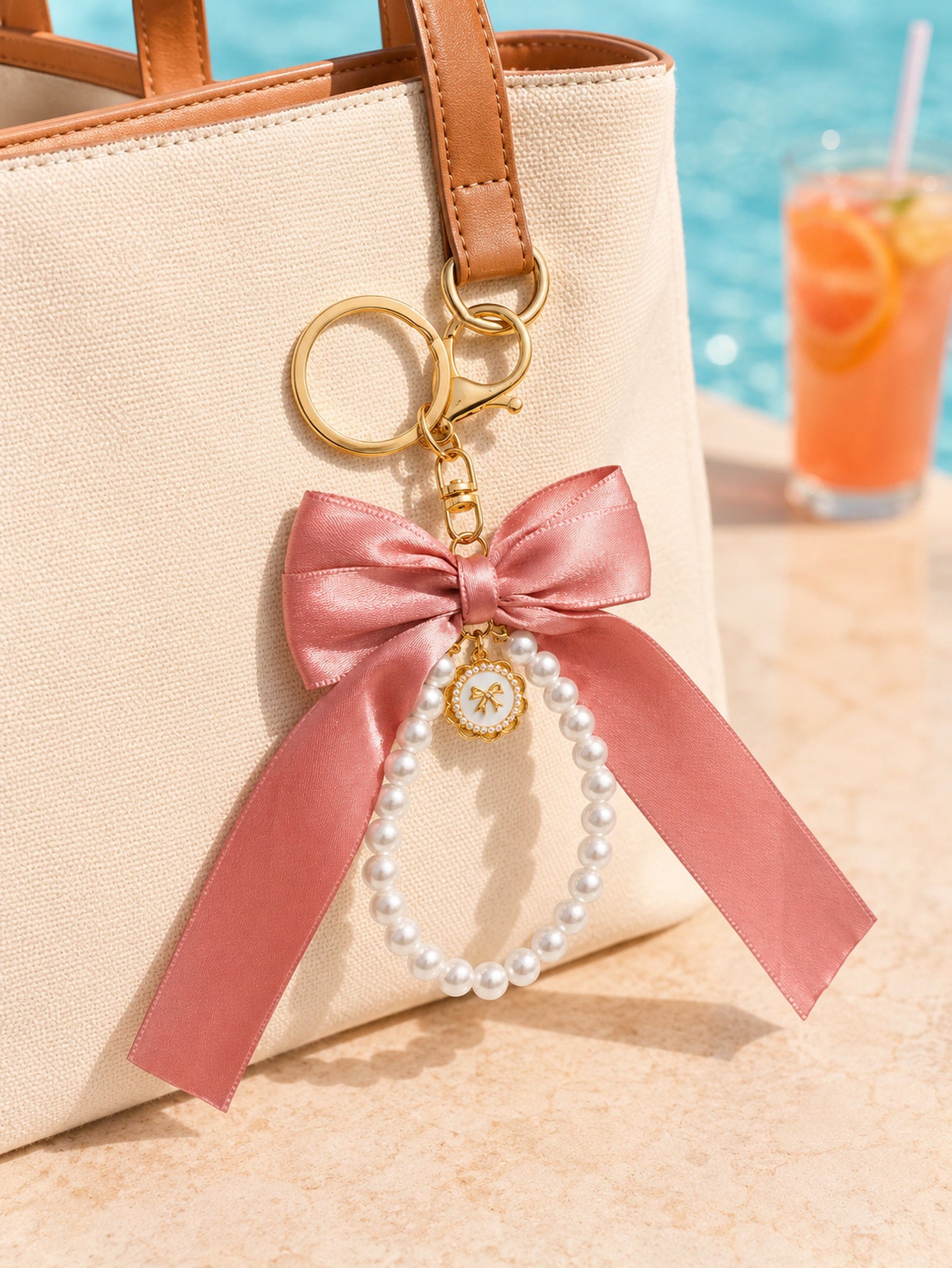 Pink bow keychain with faux pearl strand | KCA051-01 | image 4