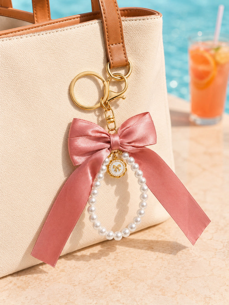 Pink bow keychain with faux pearl strand | KCA051-01 | image 4