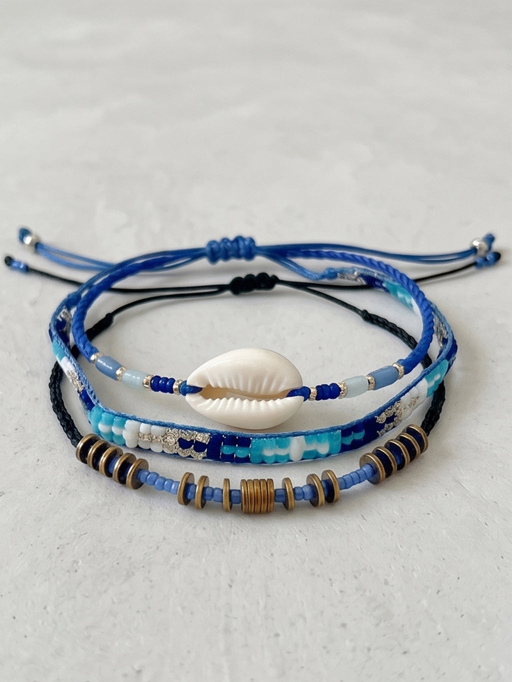 Blue braided three-piece bracelet set with adjustable pull cords | BRA504-01 | image 4