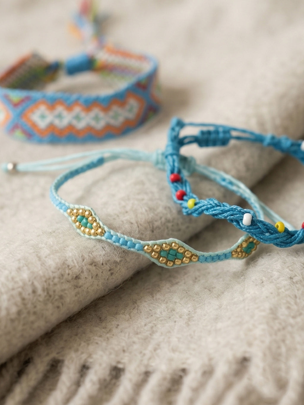 Blue braided three-piece bracelet set with adjustable pull cords | BRA585-01 | image 4