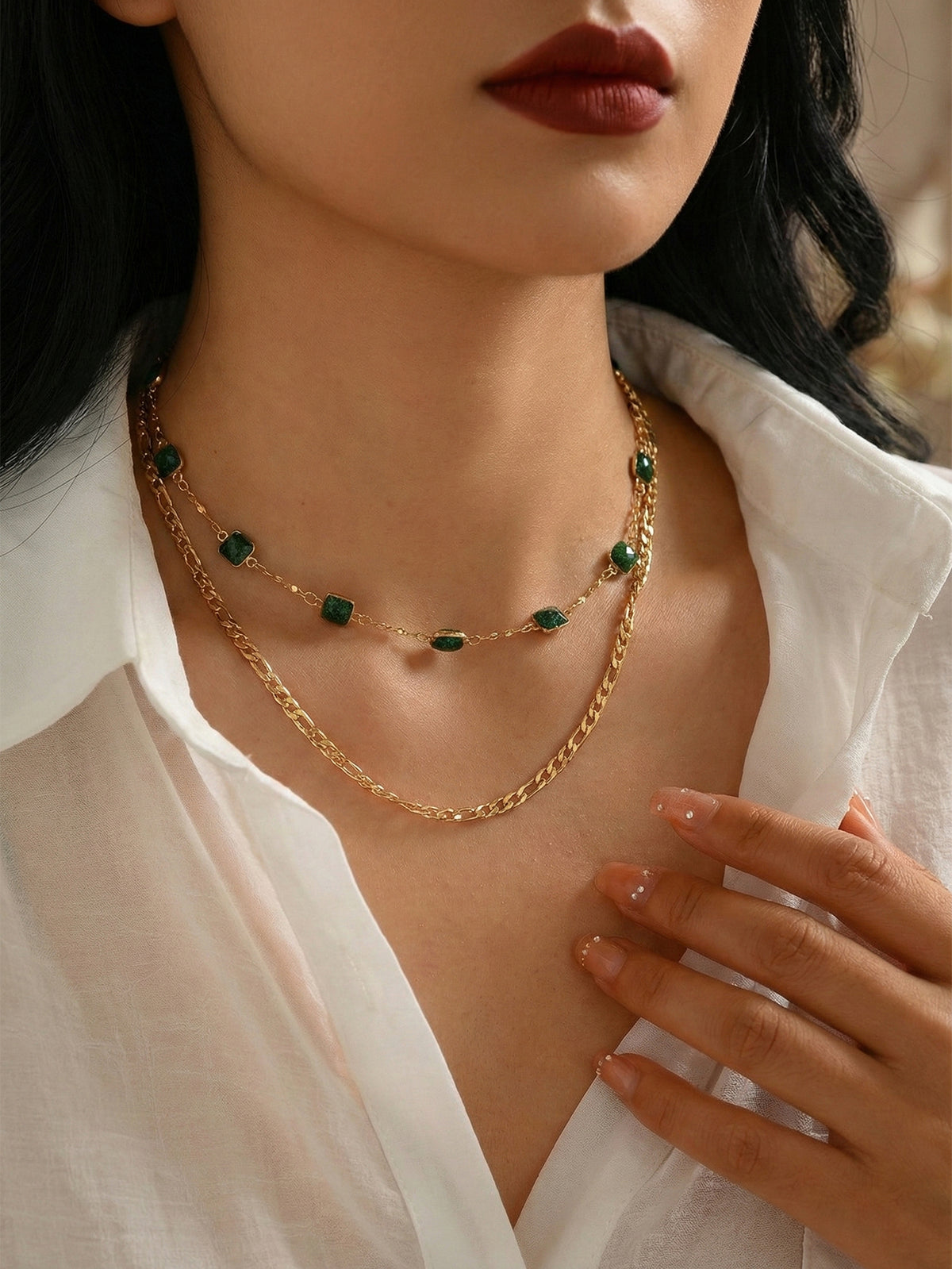 Green Zircon Layered Necklace with zinc-alloy hardware | NA463-01 | image 4