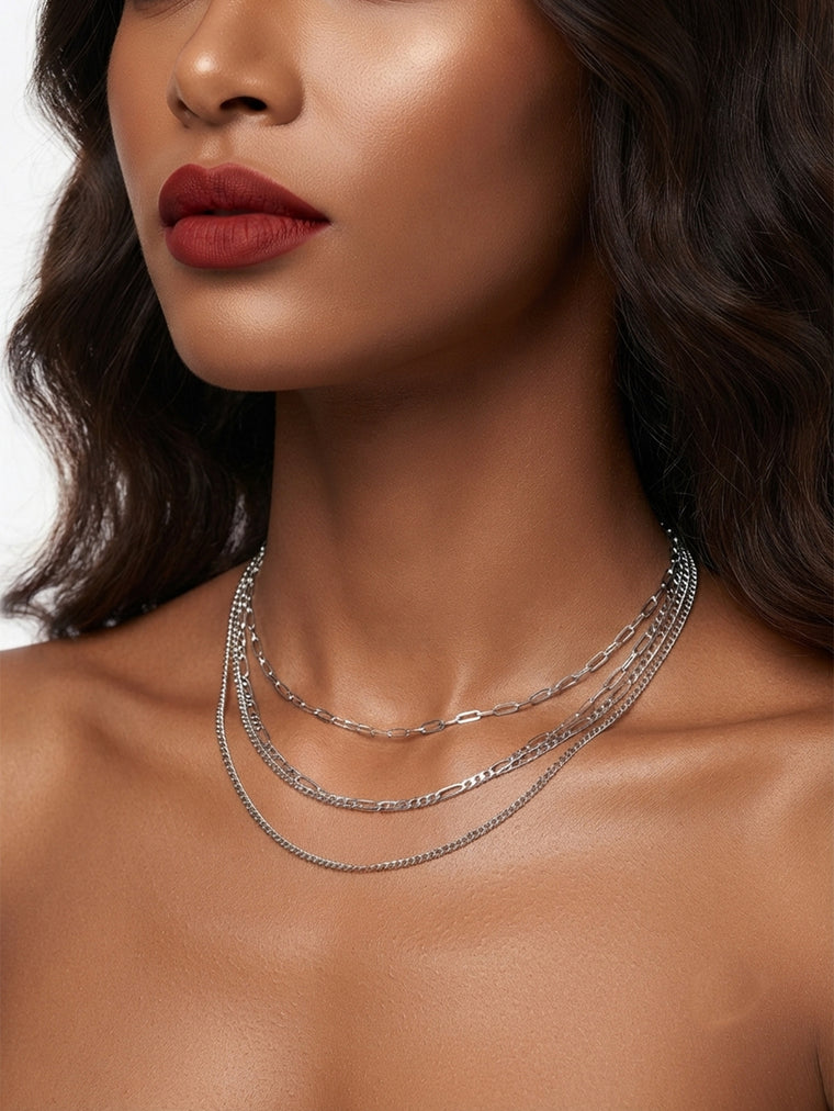 Silver-Tone Triple Chain Necklace with zinc-alloy hardware | NA501-01 | image 4