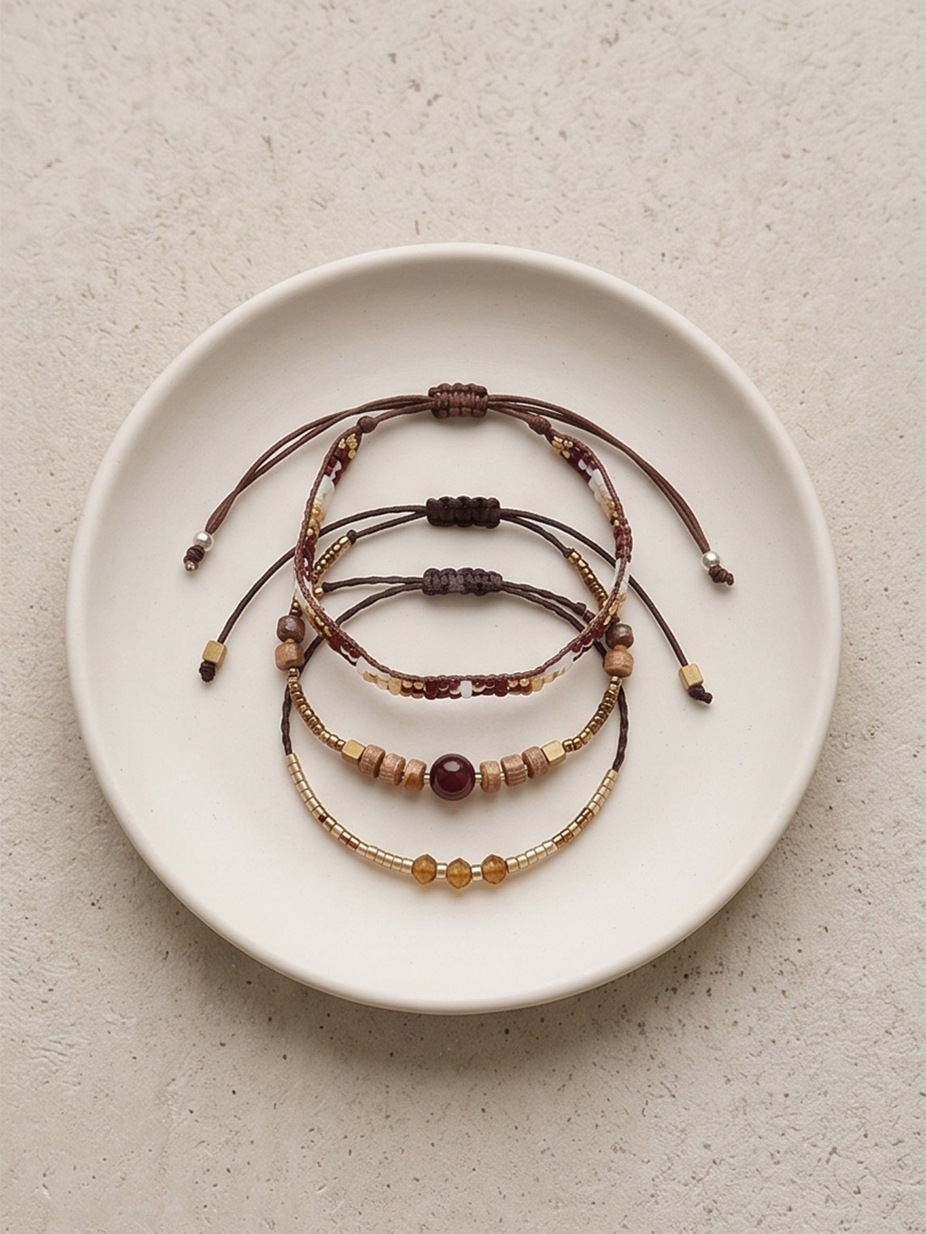 Brown braided three-piece bracelet set with adjustable pull cords | BRA516-01 | image 4