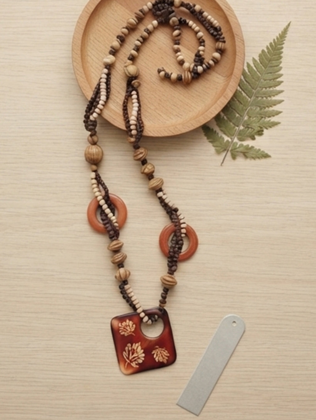 Wooden Cube Beaded Necklace with wooden beads | NA884-01 | image 4