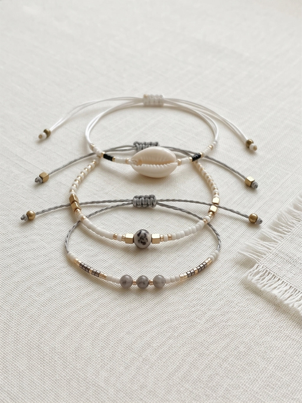 White braided three-piece bracelet set with adjustable pull cords | BRA519-01 | image 4