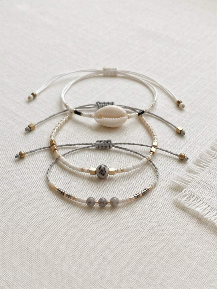 White braided three-piece bracelet set with adjustable pull cords | BRA519-01 | image 4