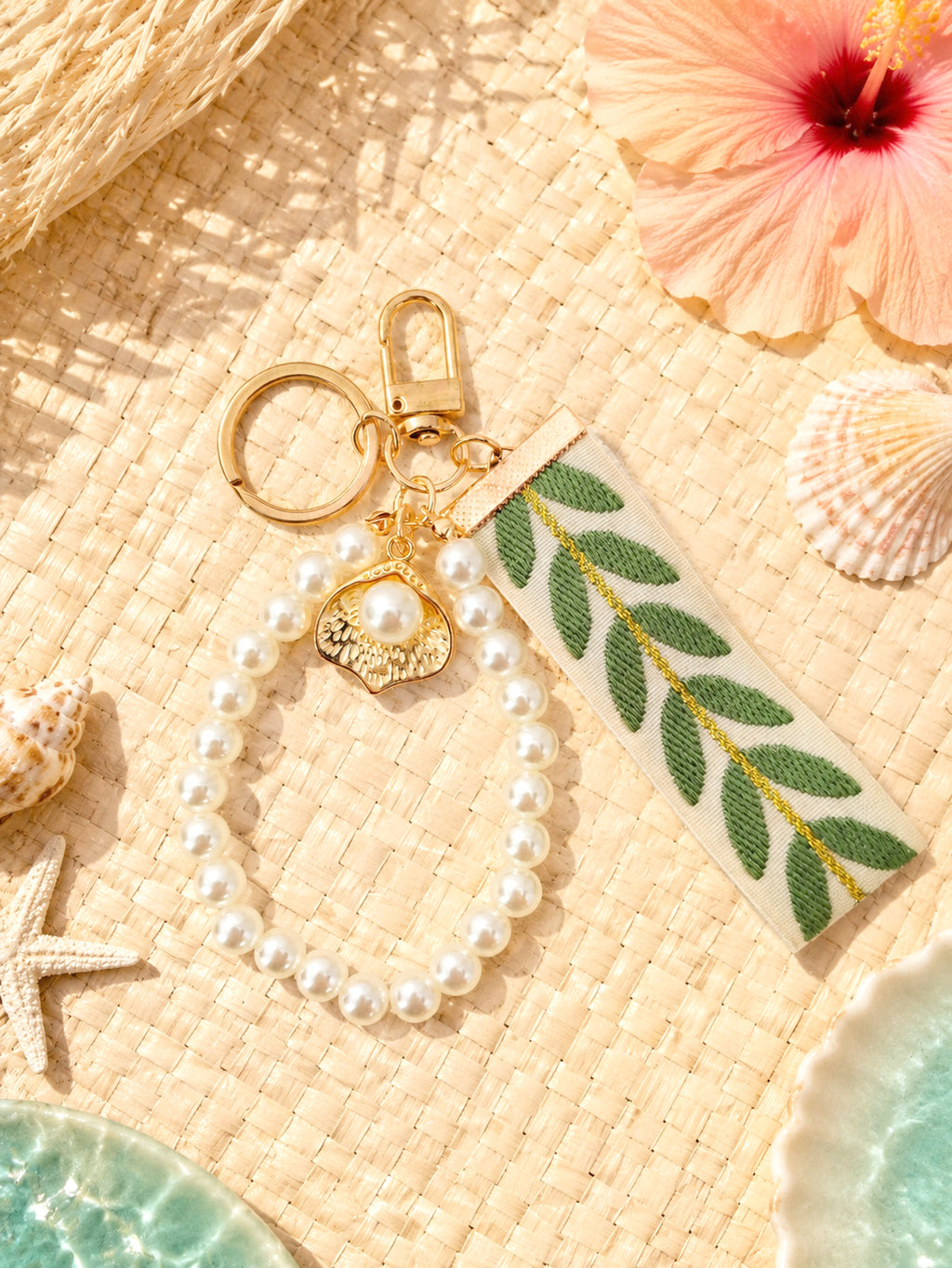 Ribbon keychain with woven detail and faux pearls | KCA055-02 | image 4