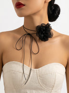 Black Floral Cord Necklace with polyester fabric | NA637-08 | image 4