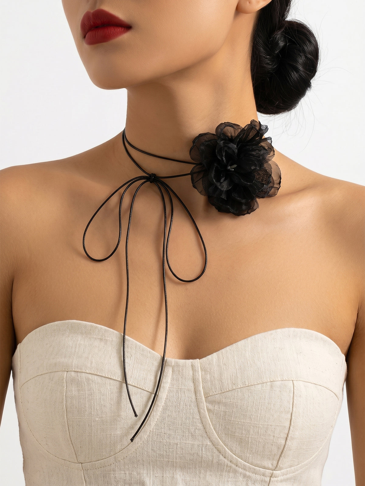 Black Floral Cord Necklace with polyester fabric | NA637-08 | image 4