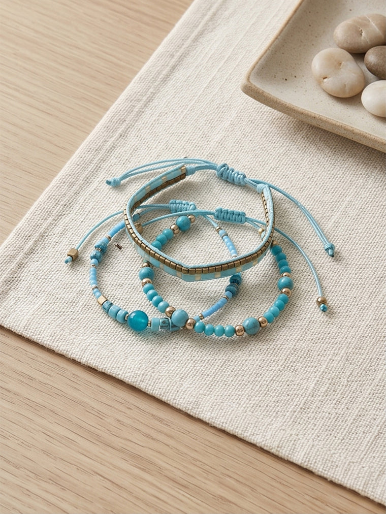 Teal braided three-piece bracelet set with adjustable pull cords | BRA513-01 | image 4