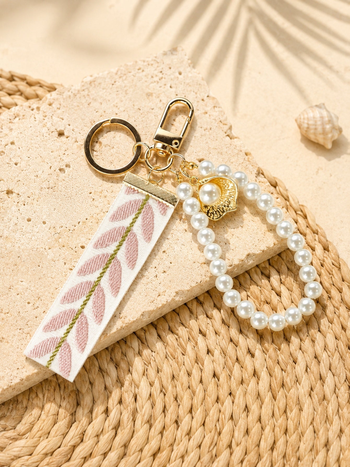 Ribbon keychain with woven detail and faux pearls | KCA055-01 | image 4
