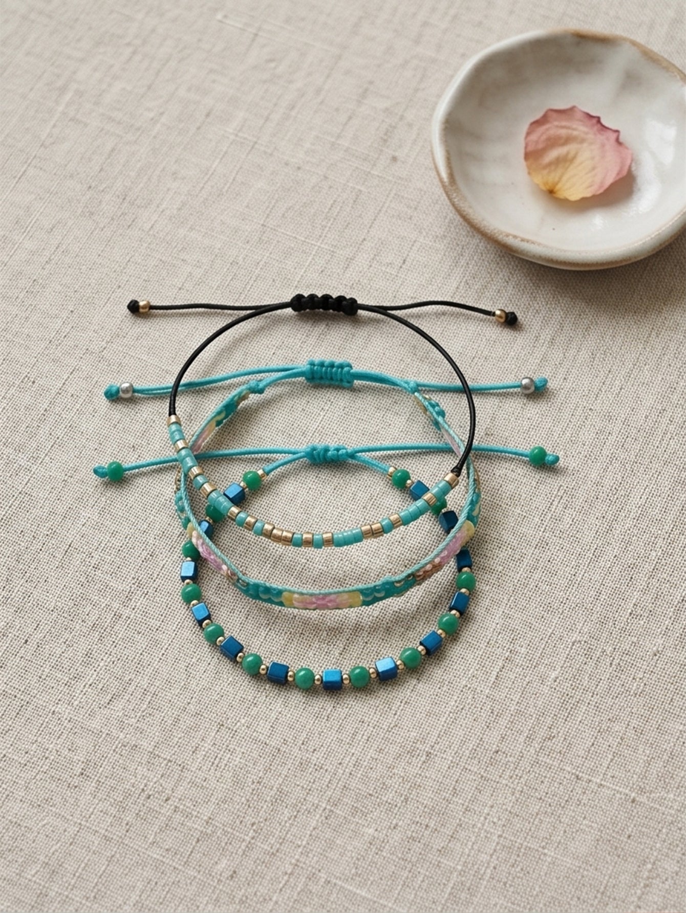 Green braided three-piece bracelet set with adjustable pull cords | BRA507-01 | image 4