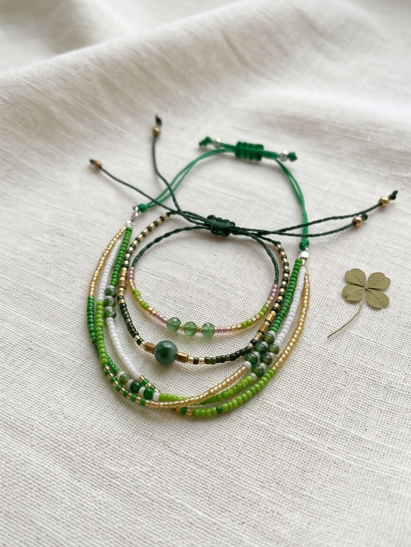 Green braided three-piece bracelet set with adjustable pull cords | BRA588-01 | image 4
