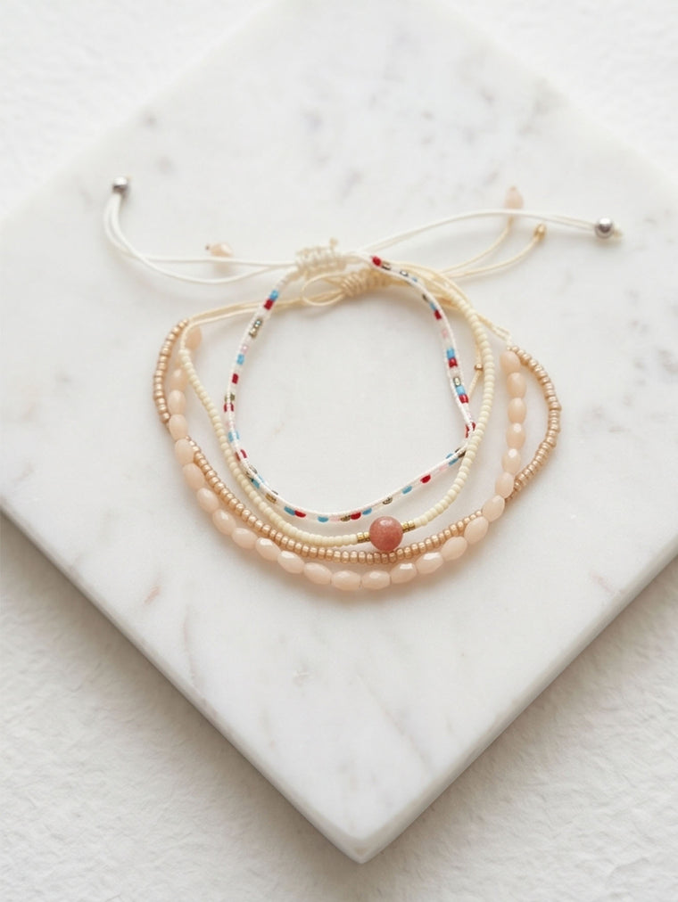 Beige braided three-piece bracelet set with adjustable pull cords | BRA558-01 | image 4