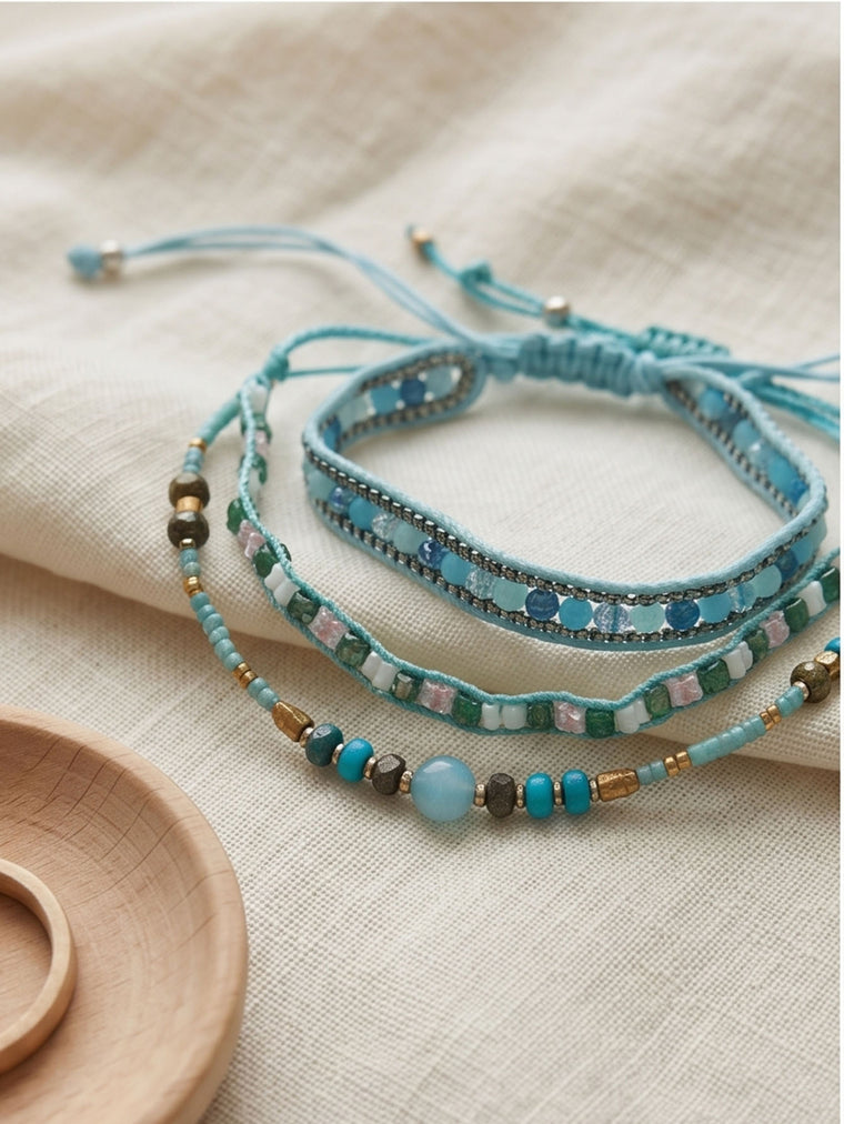 Blue braided three-piece bracelet set with adjustable pull cords | BRA567-01 | image 4