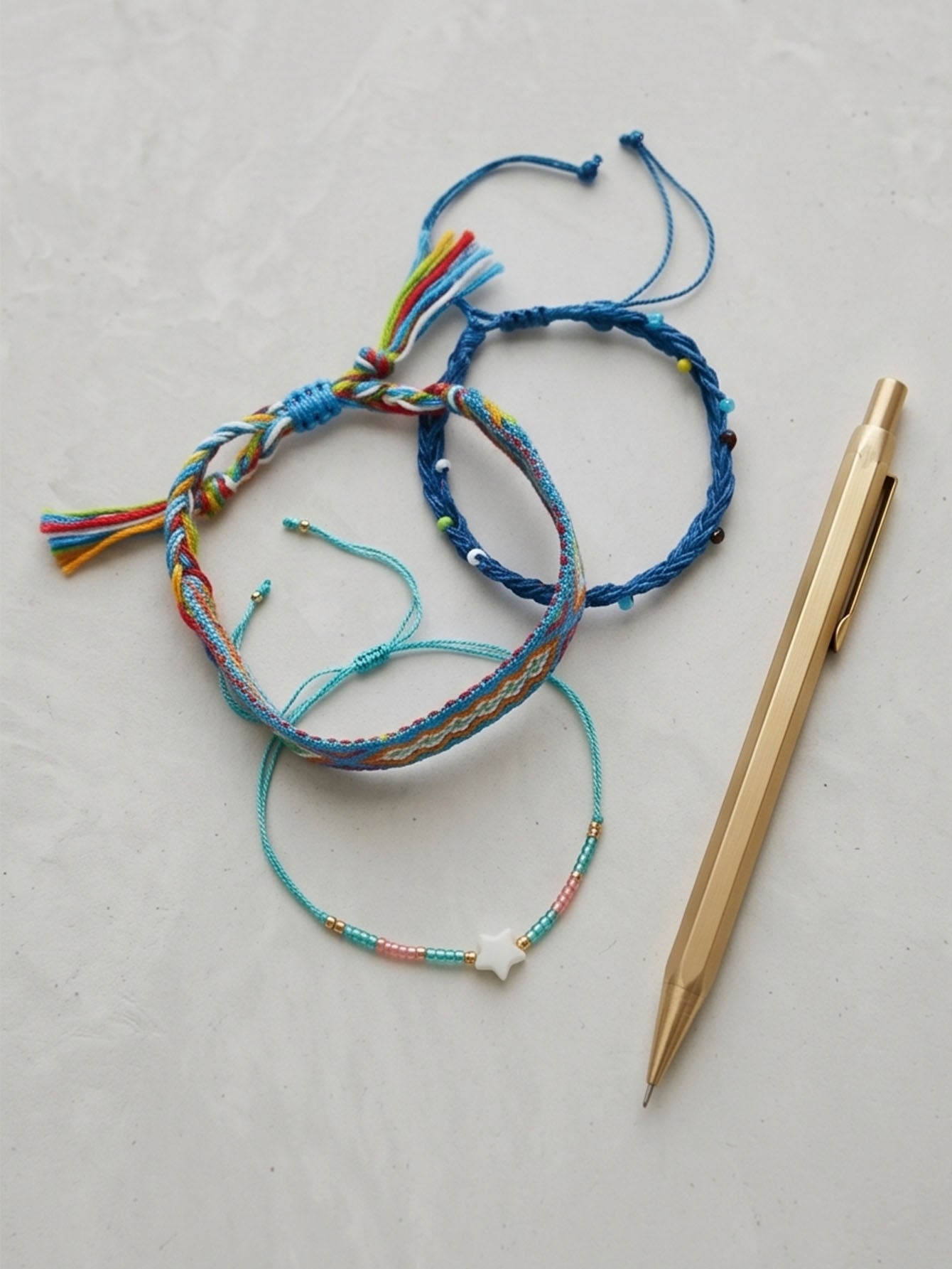 Blue braided three-piece bracelet set with adjustable pull cords | BRA572-01 | image 4