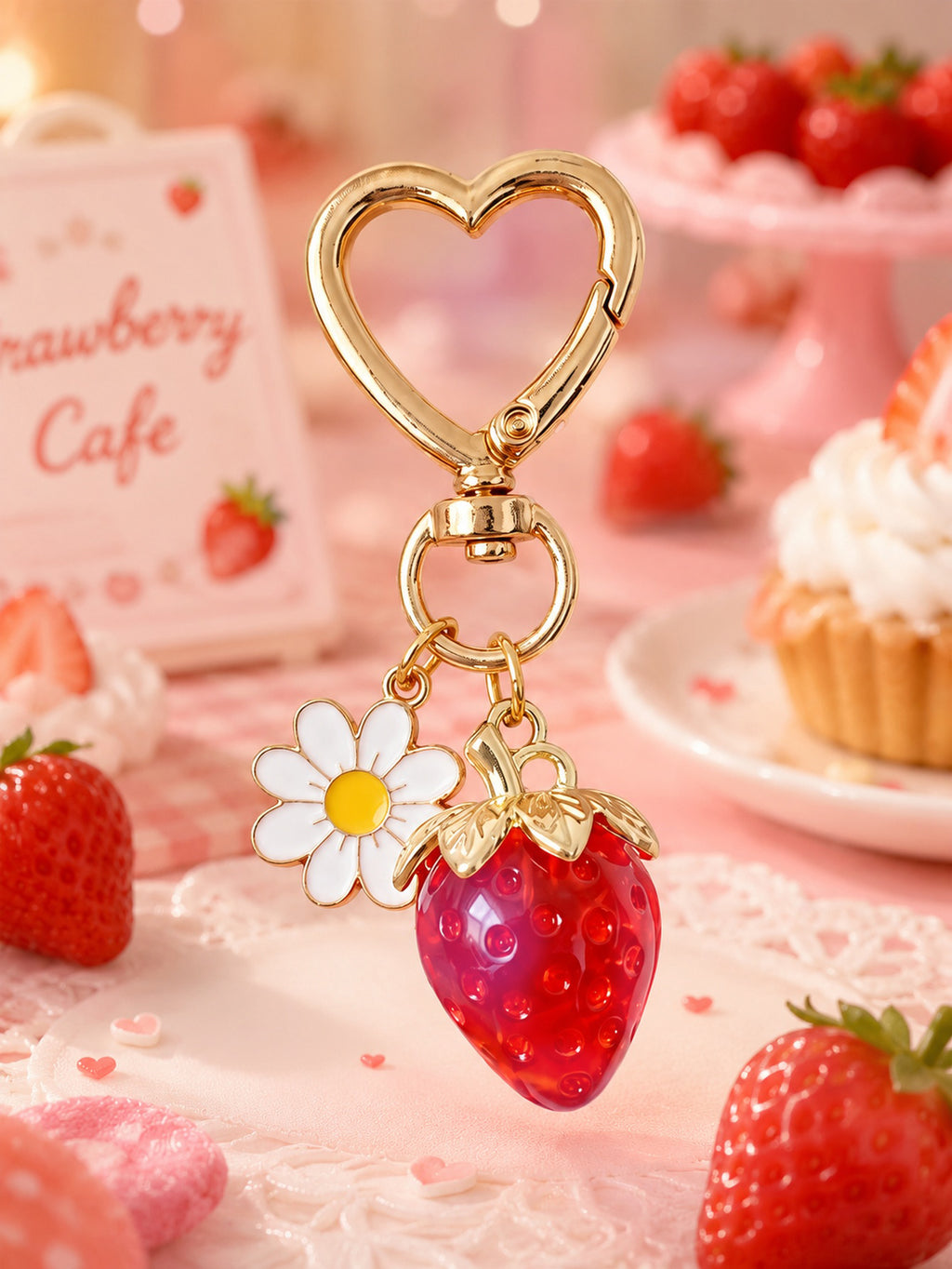 Translucent strawberry keychain with daisy accent | KCA064-02 | image 4